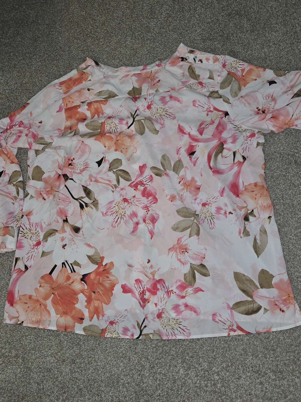 Calvin Klein Floral Print Button-Front Blouse in Pink & Peach - Picture 2 of 10